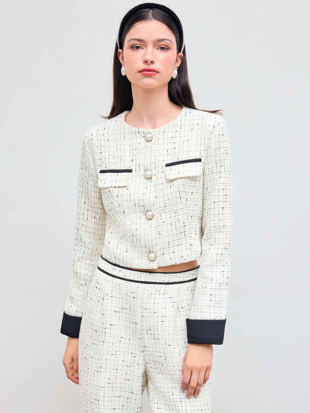 Commense Cropped Ivory Tweed Jacket with Black Trim & matching pants